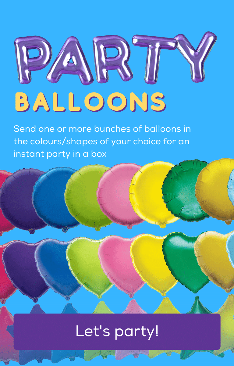 Send bunches of balloons in the colours and shapes of your choice for an instant party in a box